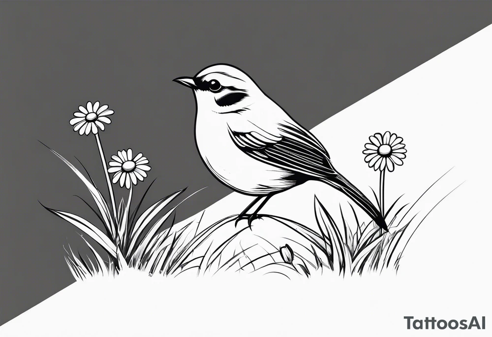 Little bird perched in grass with daisy tattoo idea