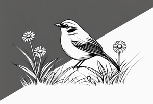 Little bird perched in grass with daisy tattoo idea