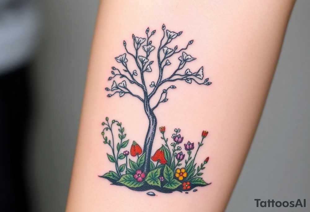 Lilly of the vally plants underneath a blooming hawthorn tree with other colorful plants on ground tattoo idea