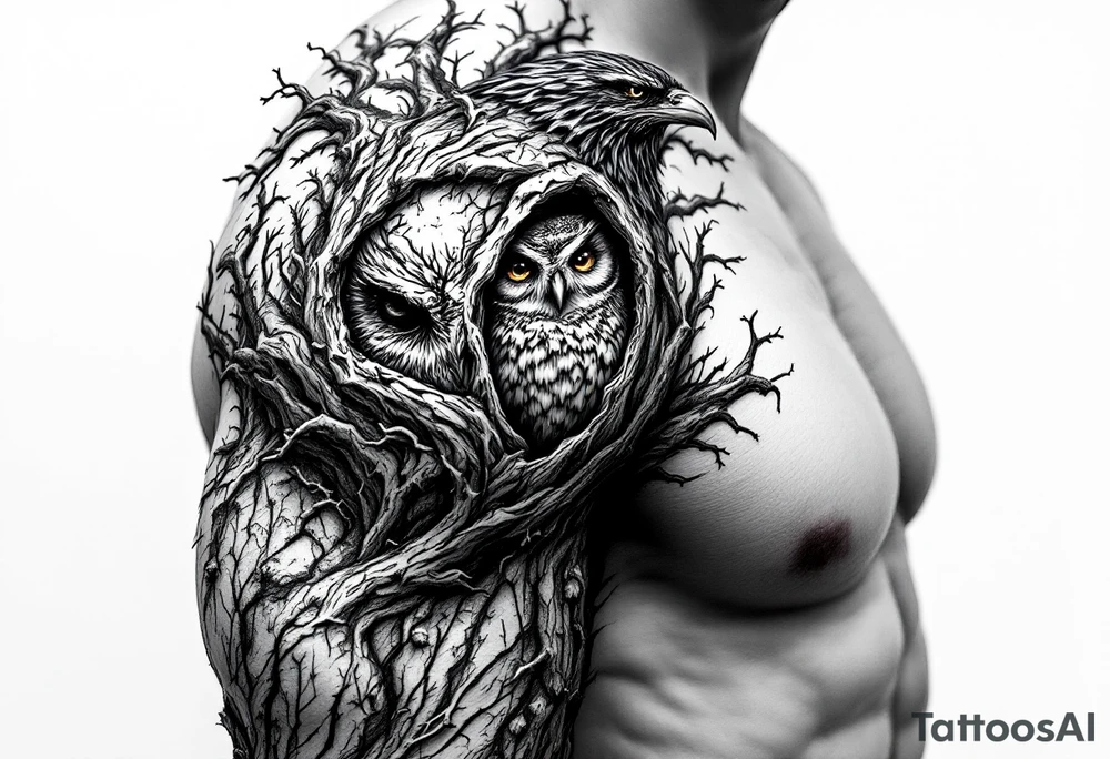 tree bark with face carved into it raven on shoulder and owl inside arm tattoo idea