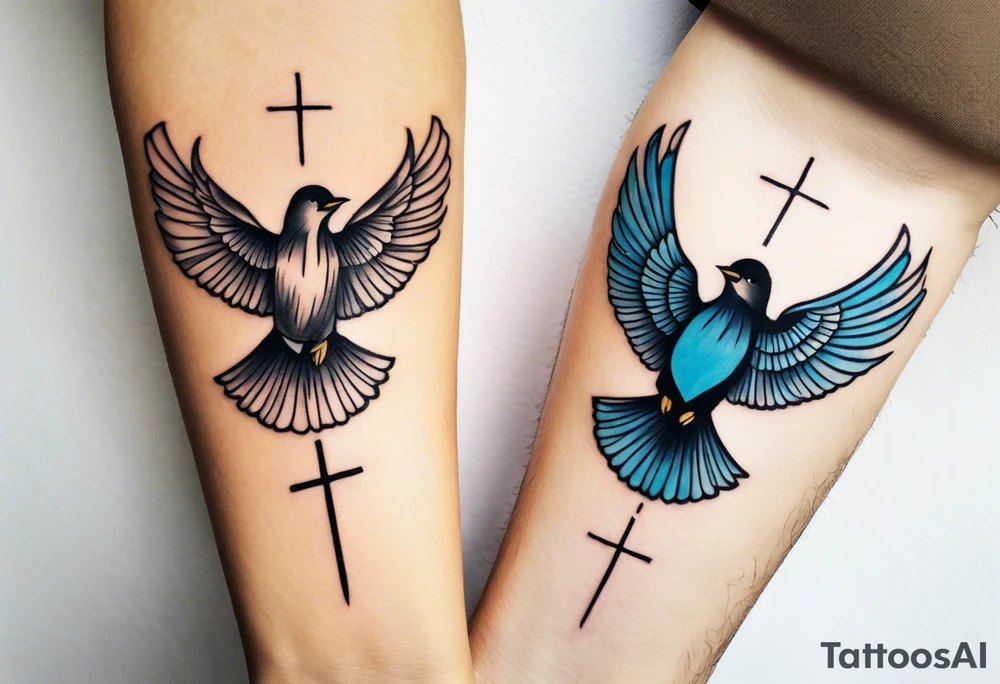 Two birds on forearm flying towards each other one below the other and up towards with a cross in between them tattoo idea