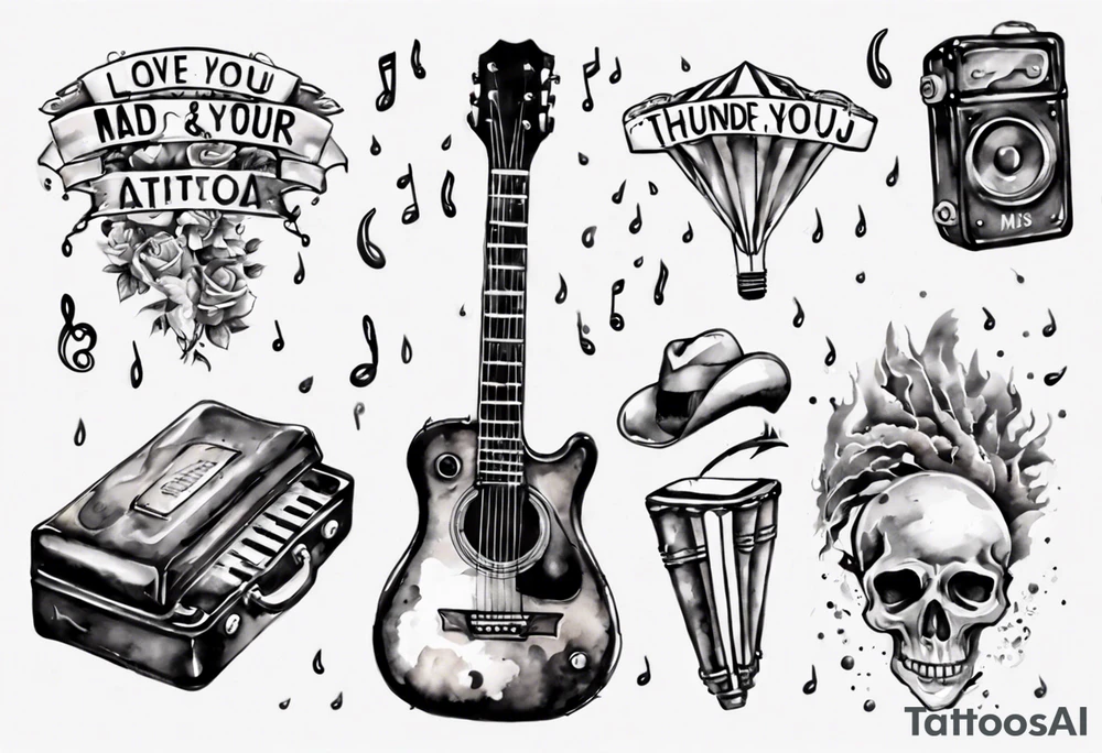 Music, guitar, harmonica, Dad, thunder and rain, love miss you tattoo idea