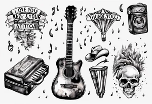 Music, guitar, harmonica, Dad, thunder and rain, love miss you tattoo idea