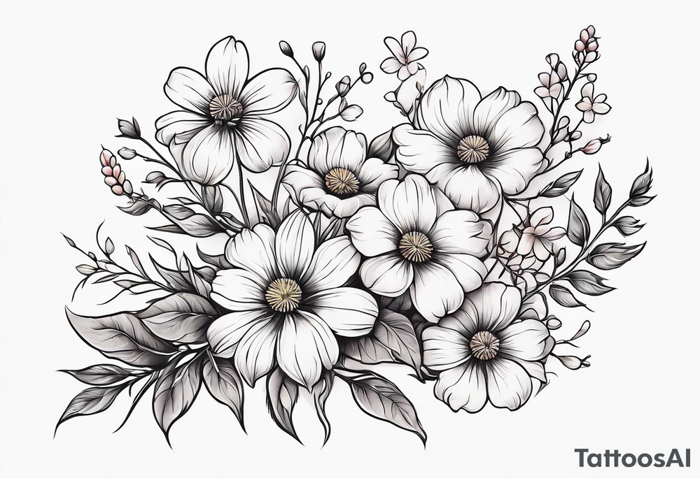 simple long stem wildflower bouquet across foot tattoo idea