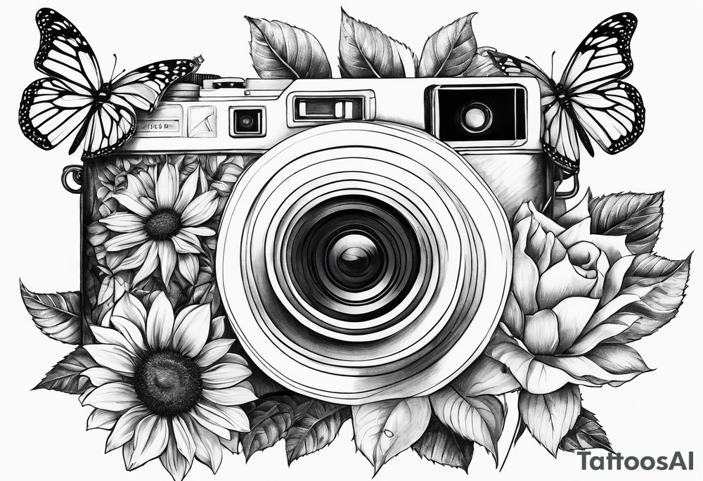 Flower : rose , sunflower, camera, butterfly tattoo idea
