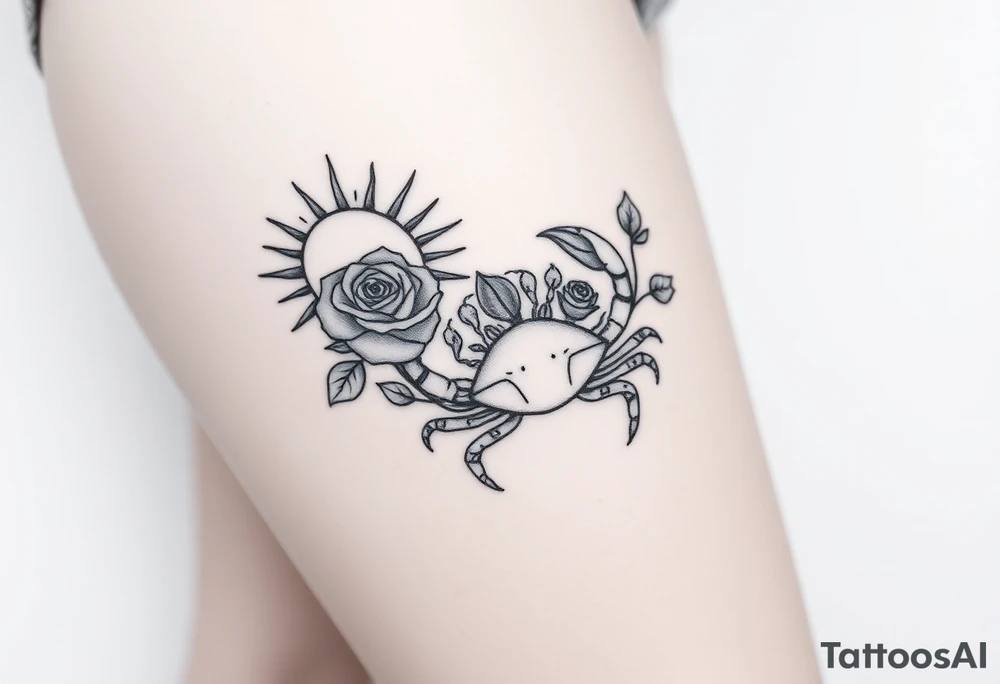 Sun, rose, and crab traditional tattoo idea