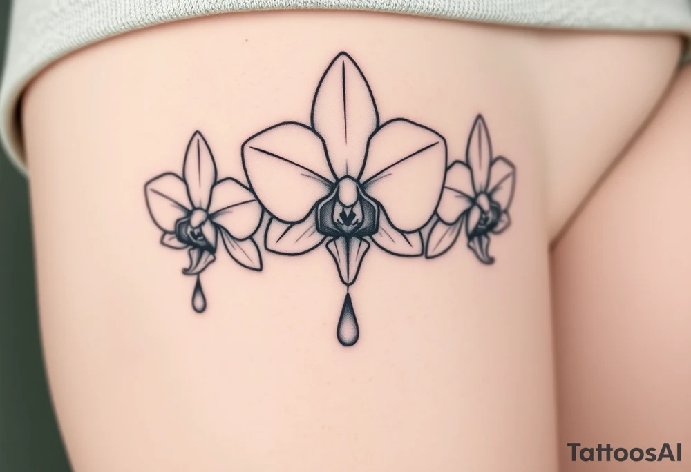 Draw of three fine line orchids different size realistic, the central part resembles a vagina. Are connected with branches that appears drops tattoo idea