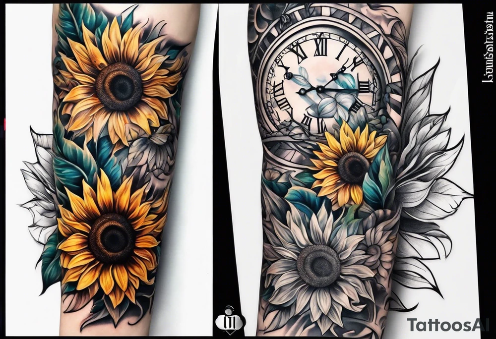Arm sleeve Foral sunflower and roman numeral tattoo idea