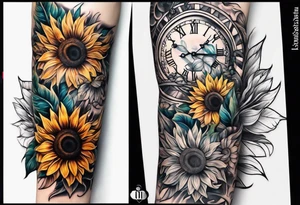 Arm sleeve Foral sunflower and roman numeral tattoo idea