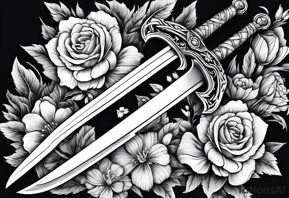 Long skinny sword with flowers in the background tattoo idea