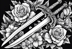 Long skinny sword with flowers in the background tattoo idea