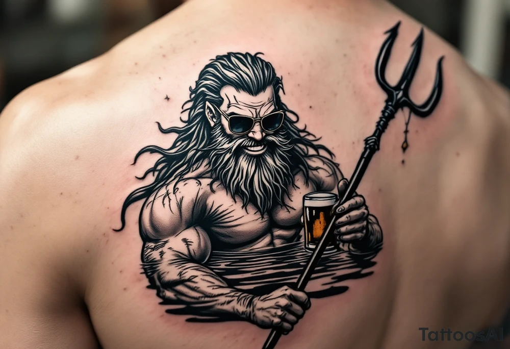 smiling, fit poseidon, with a trident, in calm water, holding a beer, with sunglasses tattoo idea