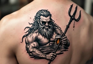 smiling, fit poseidon, with a trident, in calm water, holding a beer, with sunglasses tattoo idea