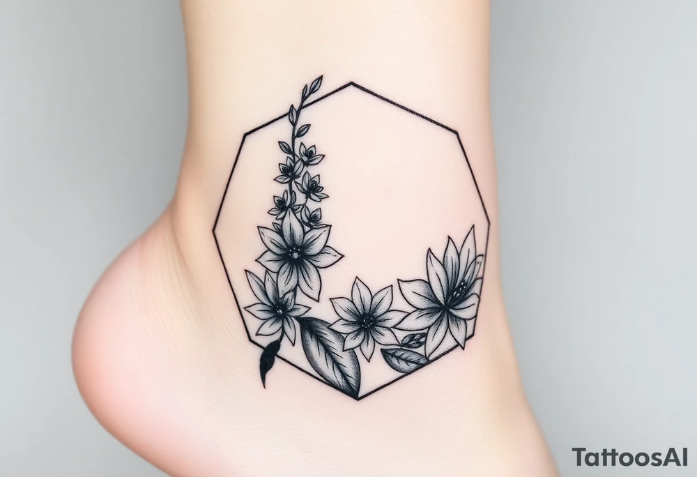 Hexagon Leo larkspurs and water lilies tattoo idea