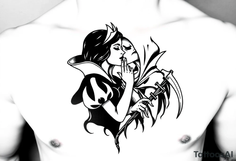 Snow White kiss of death kissing grim reaper tattoo idea