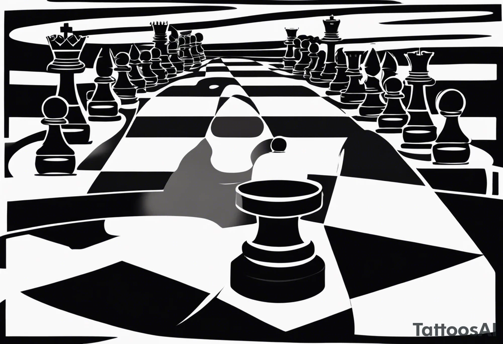 A black-and-white tattoo featuring a chessboard with scattered chess pieces, symbolizing strategy and the unpredictability of life. In the background, an hourglass with sand halfway through represents the passage of time. The chessboard is slightly distorted to give a surreal, maze-like effect. The design uses bold lines and shading to create contrast, with no extra colors, staying true to the black-and-white theme on the hand tattoo idea