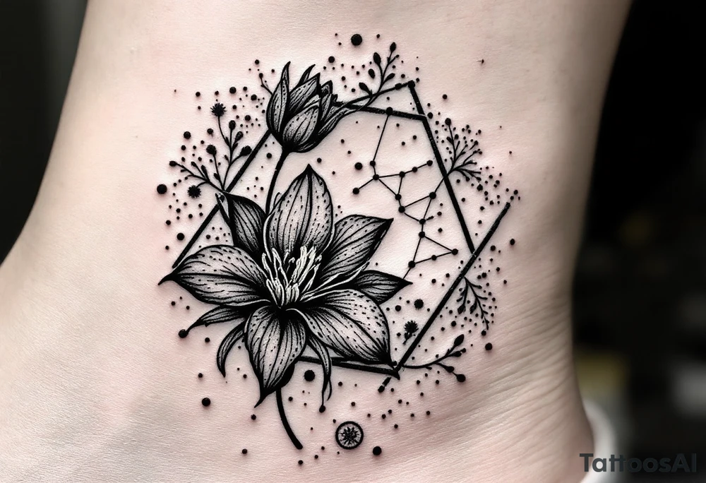 Hexagon with larkspur, water Lilly and Leo constellation tattoo idea