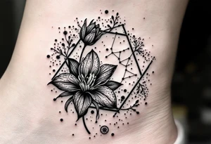 Hexagon with larkspur, water Lilly and Leo constellation tattoo idea