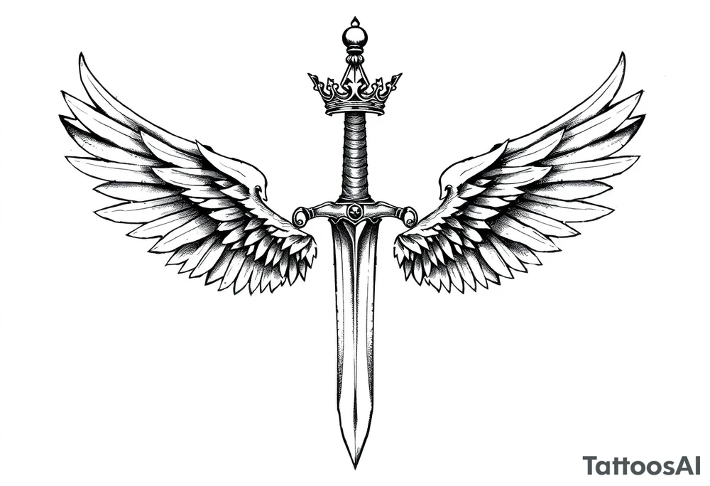 A sword with wings on the handle and a crown over the sword tattoo idea