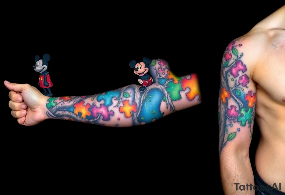 left arm full sleeve to support autism awareness full color and completed filled also include a tree with the autism puzzle as leaves to start the sleeve and add Mickey Mouse in there small tattoo idea