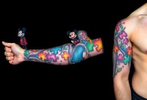 left arm full sleeve to support autism awareness full color and completed filled also include a tree with the autism puzzle as leaves to start the sleeve and add Mickey Mouse in there small tattoo idea