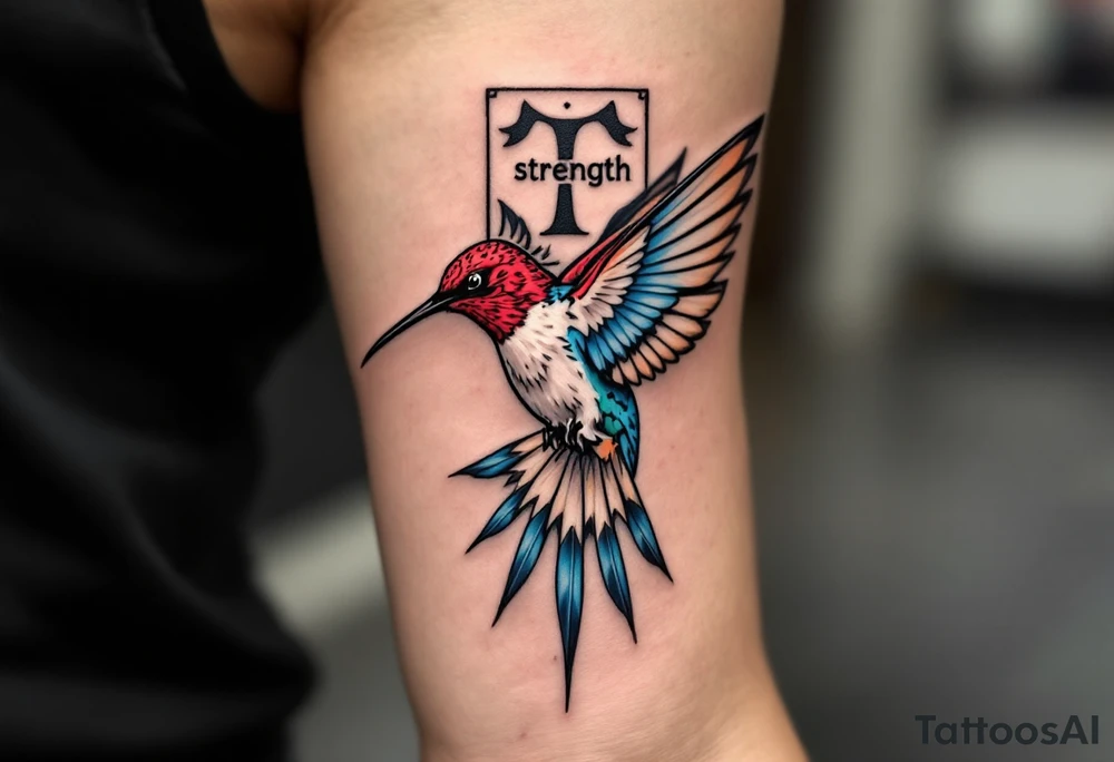 A hummingbird flying through a cartouche (Egyptian nameplate) that spells out a meaningful word like “Life” or “Strength.”(only red , blue and black are possible colors) tattoo idea