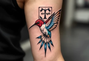 A hummingbird flying through a cartouche (Egyptian nameplate) that spells out a meaningful word like “Life” or “Strength.”(only red , blue and black are possible colors) tattoo idea