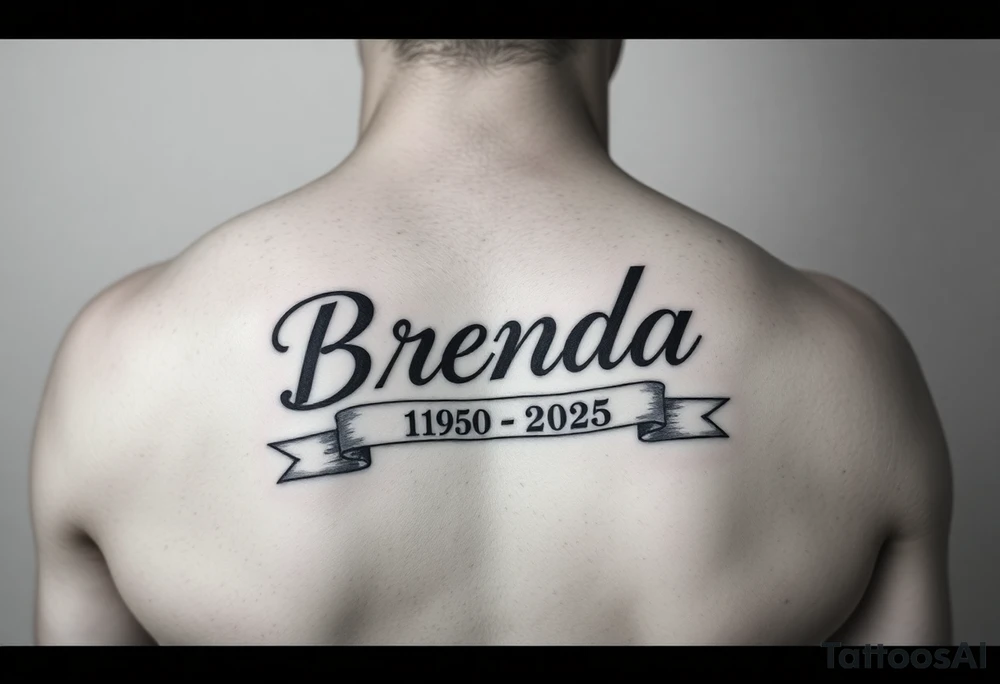 "BRENDA" going down arm
WITH RIBBONS UNDERNEATH SHOWING 1950-2025 tattoo idea