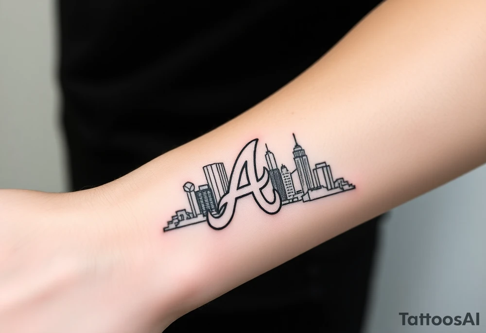 3D layered Atlanta skyline with Atlanta Braves letter logo tattoo idea