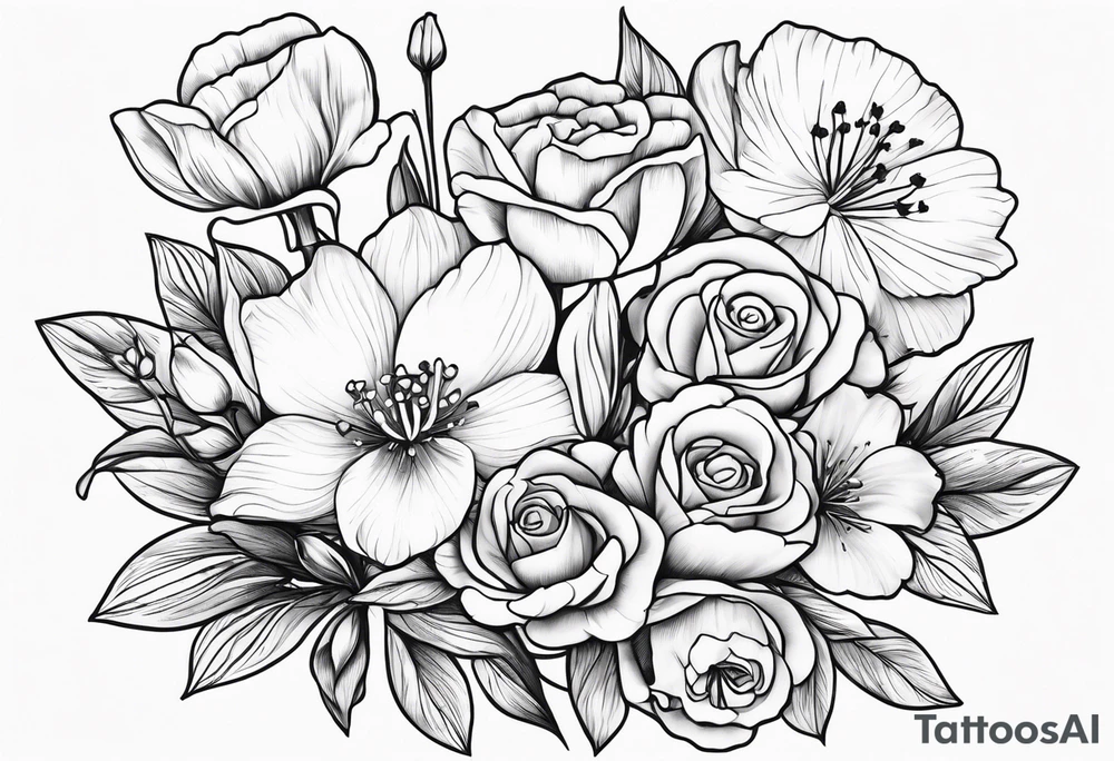 Number 241 with 1 snowdrop flower 2 carnations 1 rose 1 lily of the valley 1 daffodil 1 peony tattoo idea