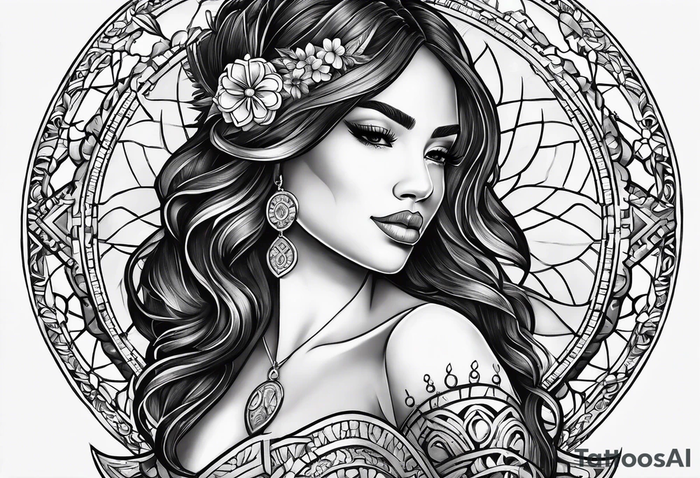 Hispanic/ Latin  goddess, love, forgiveness, strength, peace, cancer sign , time, past, future tattoo idea