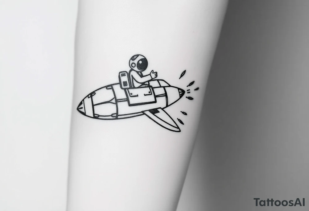 rocket ship with duct tape and sparks coming out the back  with astronaut riding it tattoo idea