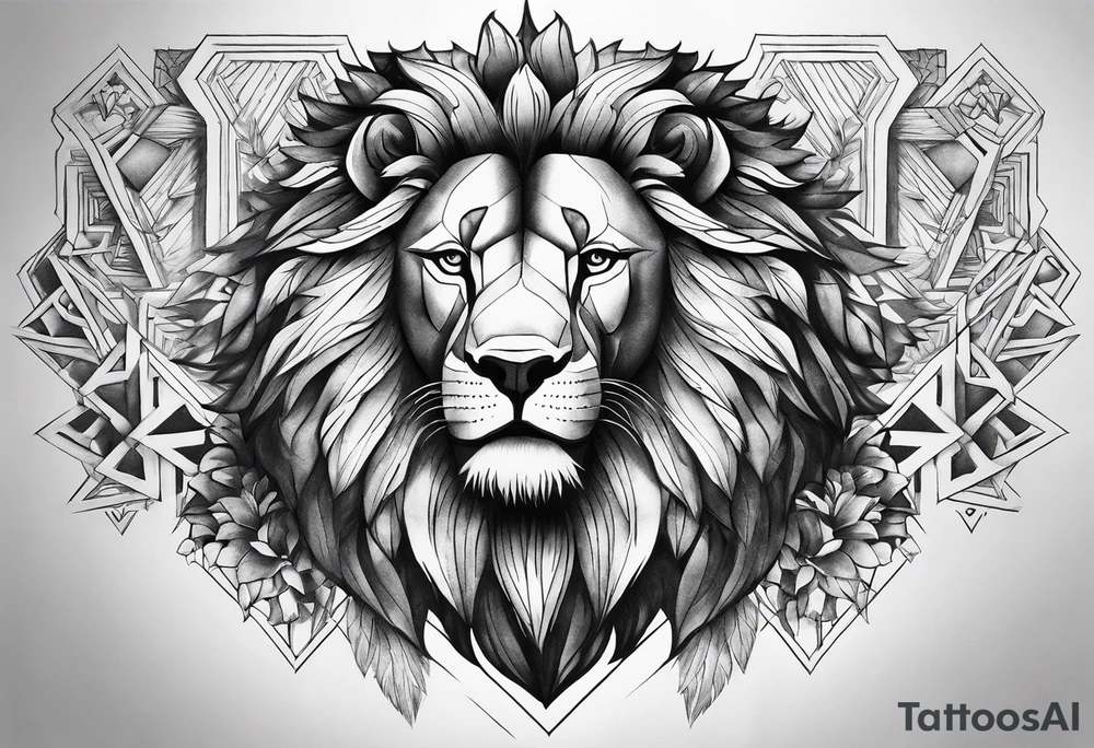 Chest piece with a lion standing over a crowd of angles tattoo idea
