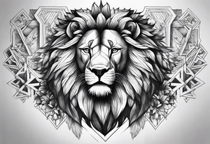 Chest piece with a lion standing over a crowd of angles tattoo idea