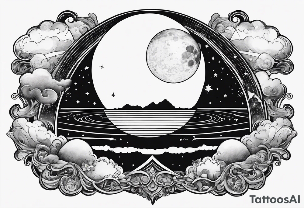 a crescent moon, the planet Saturn, two clouds and a floating heart balloon with string tattoo idea a crescent moon, the planet Saturn, two clouds and a floating heart balloon with string tattoo idea