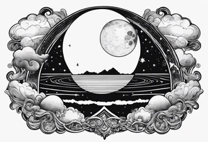 a crescent moon, the planet Saturn, two clouds and a floating heart balloon with string tattoo idea