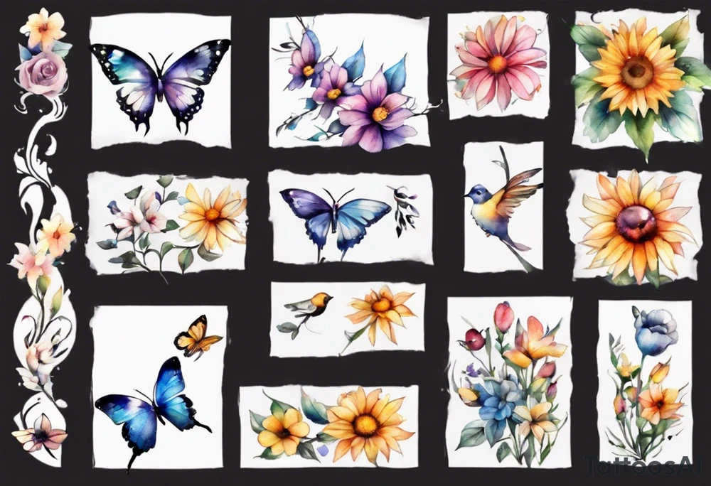 flowers, butterflies, birds, sunshine tattoo idea