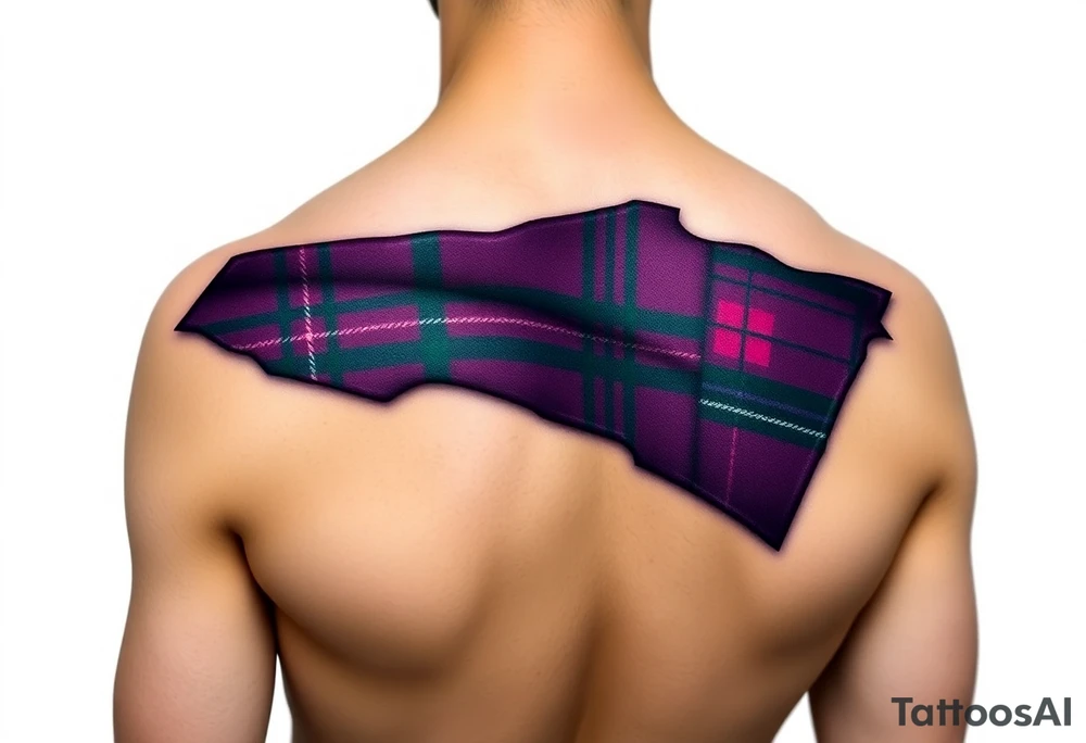 Dark Purple with green pink blue and white highlights tartan fabric with skin around edges peeling and wrapping around side of shoulder tattoo idea