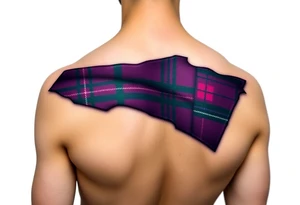Dark Purple with green pink blue and white highlights tartan fabric with skin around edges peeling and wrapping around side of shoulder tattoo idea