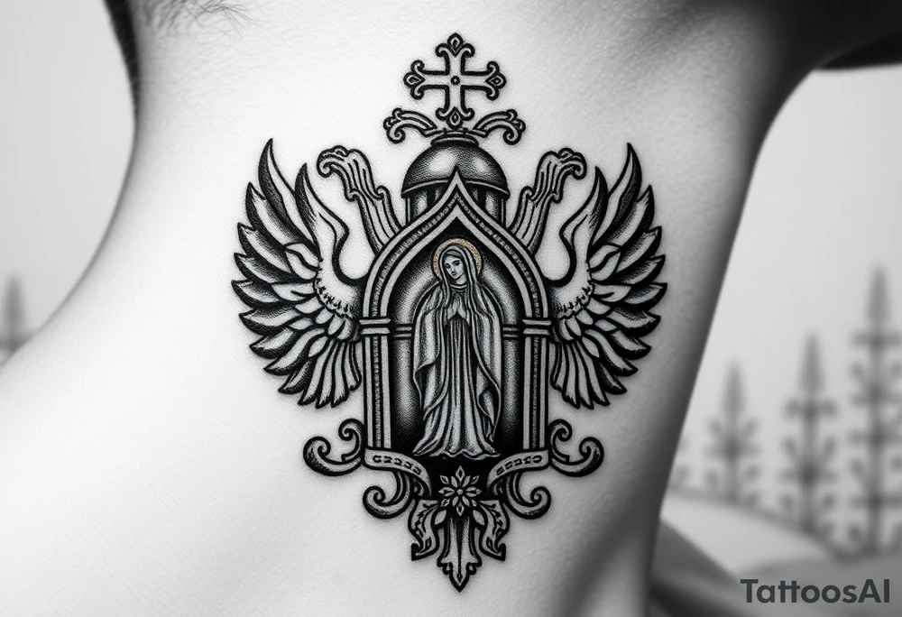 russian coat arms traditional christian orthodox cross with a virgin mary stood in the entrance of a russian orthodox dome church on the side of the neck in a wilderness setting tattoo idea