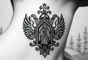 russian coat arms traditional christian orthodox cross with a virgin mary stood in the entrance of a russian orthodox dome church on the side of the neck in a wilderness setting tattoo idea