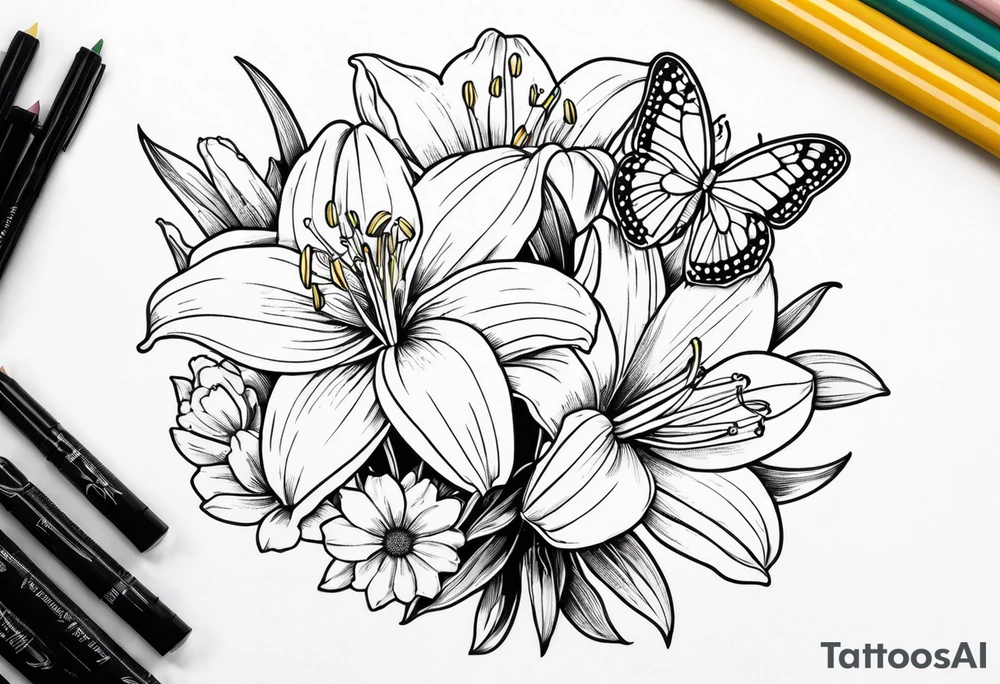 Fine line
lily daisy and daffodil bouquet with butterfly 6-8 inches bi tattoo idea