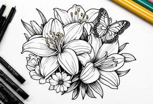 Fine line 
lily daisy and daffodil bouquet with butterfly 6-8 inches bi tattoo idea