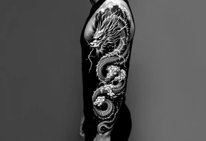 storm clouds and lightning mixed throughout, eastern dragon wrapping around the arm with head at the inside wrist, tattoo idea