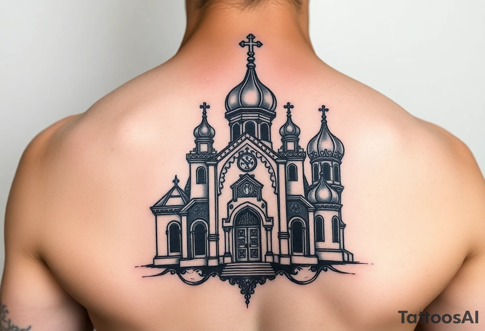 Russian church and orthodox icon realistic tattoo idea