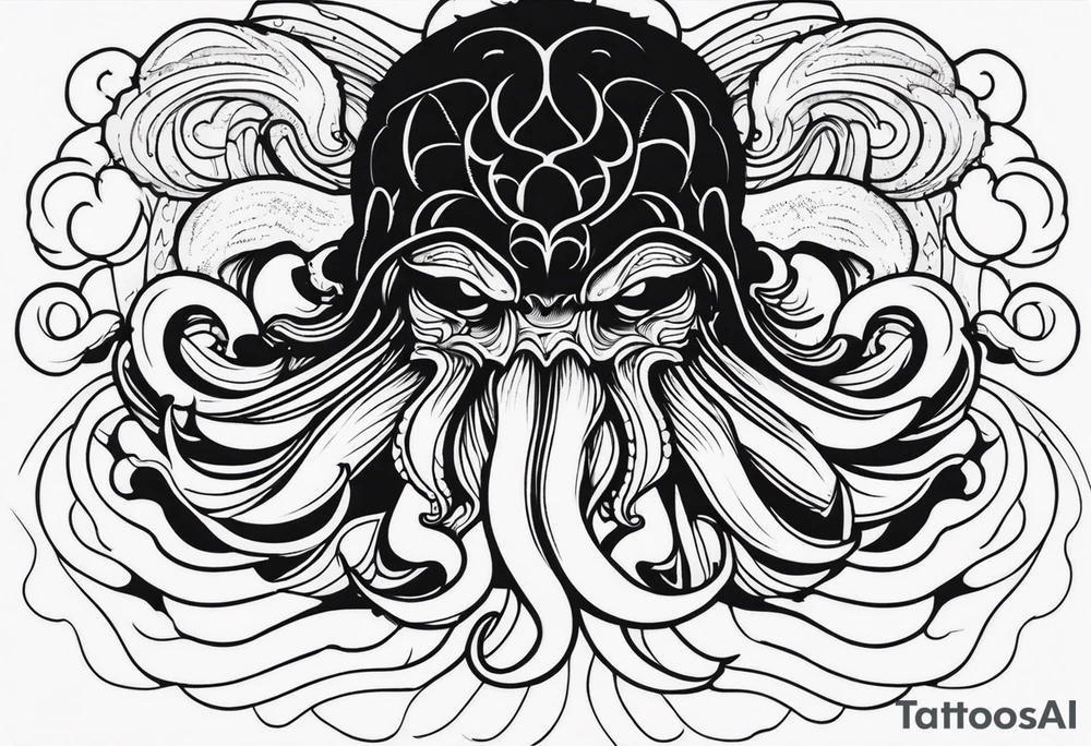 Cthulhu face surrounded by storm clouds with white lightning, tentacles and clouds wrapping around forearm tattoo idea