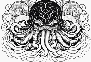 Cthulhu face surrounded by storm clouds with white lightning, tentacles and clouds wrapping around forearm tattoo idea