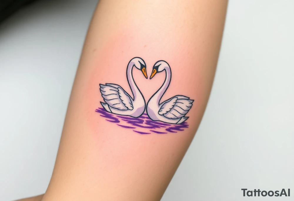 Two swans in graceful white with golden beaks, forming a heart with their necks, floating on a shimmering lavender-hued lake tattoo idea