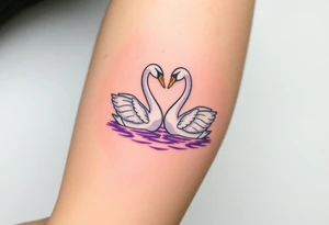 Two swans in graceful white with golden beaks, forming a heart with their necks, floating on a shimmering lavender-hued lake tattoo idea