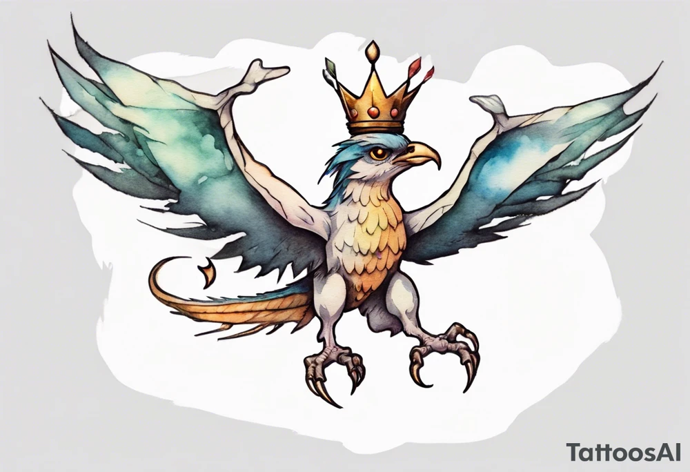 a bird-wyvern hybrid wearing a minimalist crown, flying tattoo idea